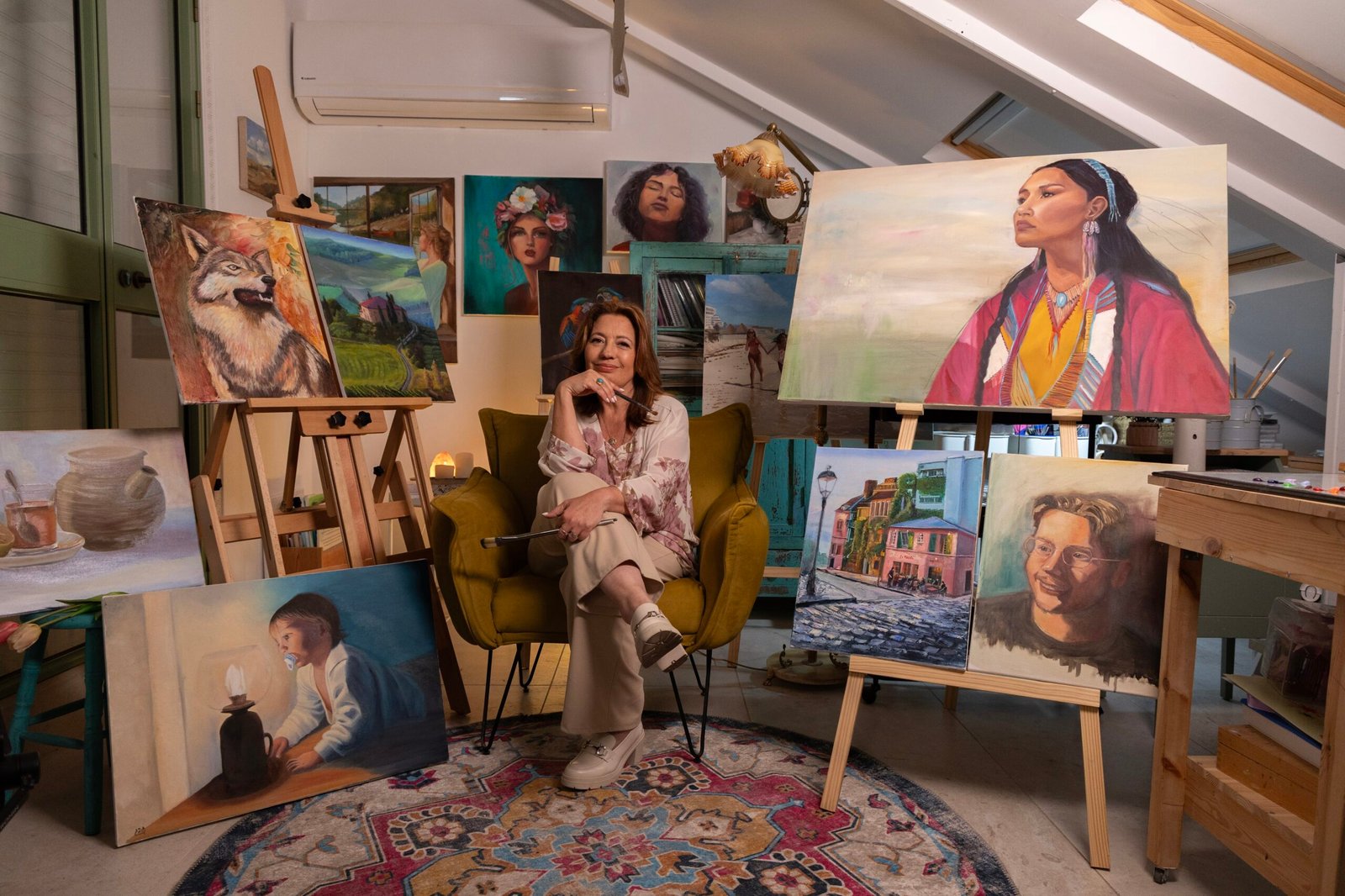 Woman sitting in an art studio with various paintings displayed on easels around her.