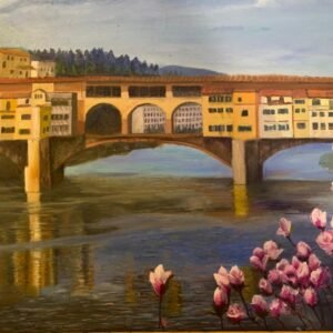 A painting depicting the Ponte Vecchio bridge in Florence with flowers in the foreground.