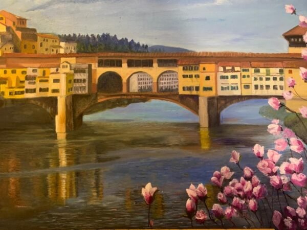 A painting depicting the Ponte Vecchio bridge in Florence with flowers in the foreground.