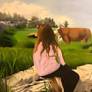 A girl with long hair sitting on a rock, looking at a cow in a green landscape.