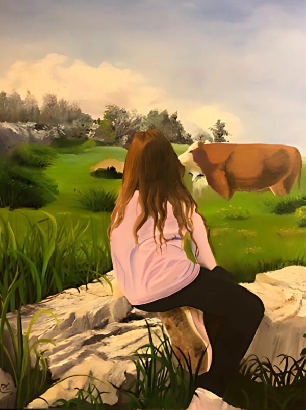 A girl with long hair sitting on a rock, looking at a cow in a green landscape.