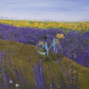 A blue bicycle with a basket of flowers parked in a lavender field with sunflowers in the background.