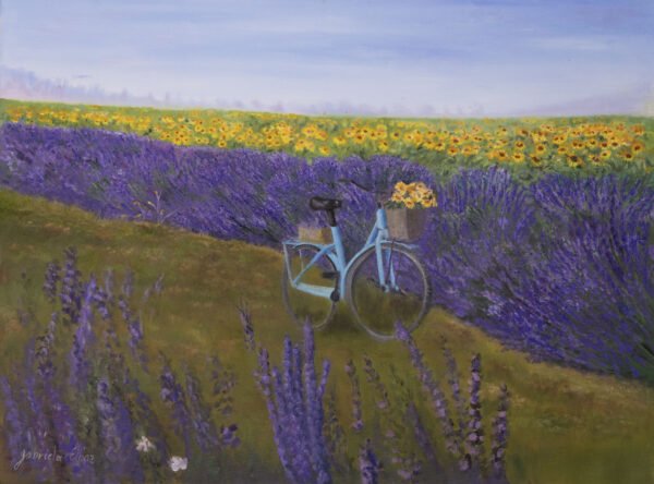 A blue bicycle with a basket of flowers parked in a lavender field with sunflowers in the background.