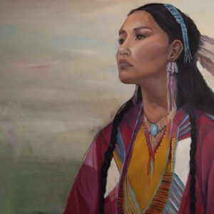Portrait of a Native American woman wearing traditional attire and jewelry, with long hair and a serious expression.