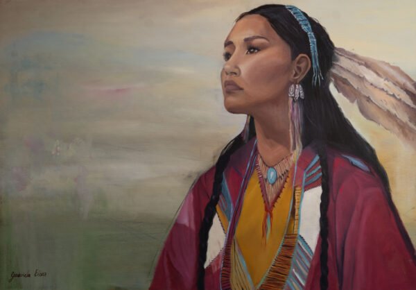 Portrait of a Native American woman wearing traditional attire and jewelry, with long hair and a serious expression.