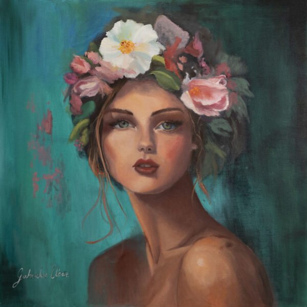 Portrait of a woman with a floral headpiece, featuring various flowers and a neutral background.
