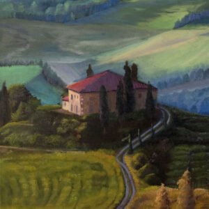 Painting of a house on a hill surrounded by green fields and trees in a rural landscape.