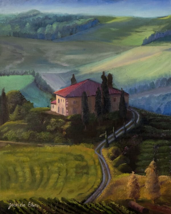 Painting of a house on a hill surrounded by green fields and trees in a rural landscape.
