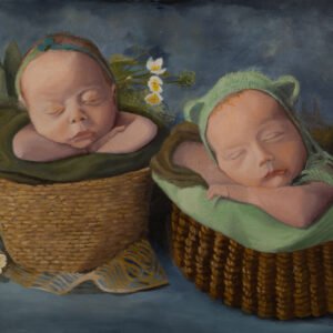 Oil painting depicting two sleeping infants in woven baskets with floral accents.