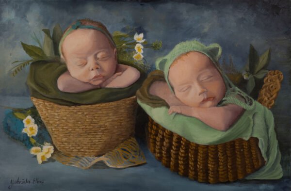 Oil painting depicting two sleeping infants in woven baskets with floral accents.