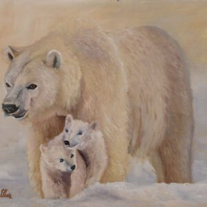 A polar bear standing with two cubs in a snowy environment, painted in soft colors.