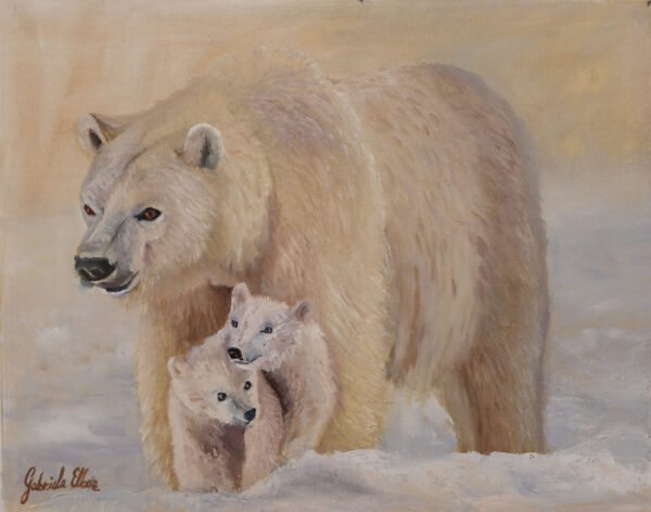 A polar bear standing with two cubs in a snowy environment, painted in soft colors.