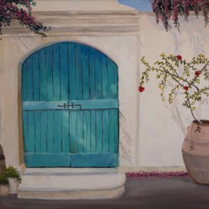 A blue wooden door with a decorative pot and flowering plants beside it.