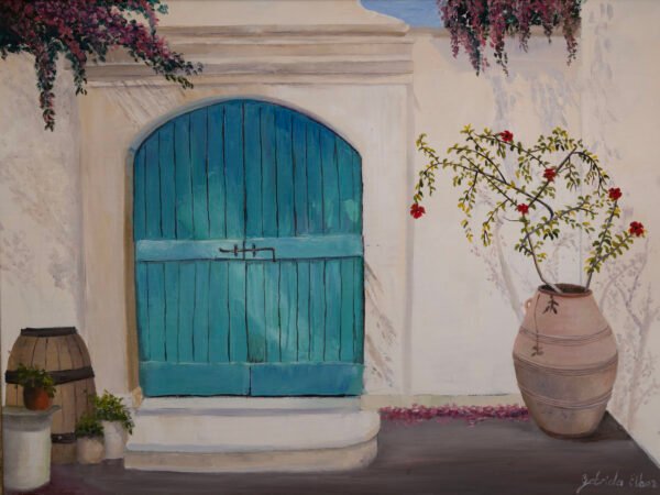 A blue wooden door with a decorative pot and flowering plants beside it.