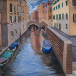 Painting of a canal with boats and a bridge, featuring buildings along the waterway.
