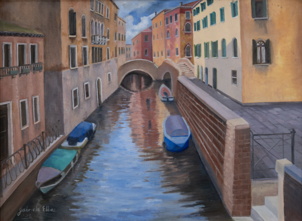 Painting of a canal with boats and a bridge, featuring buildings along the waterway.