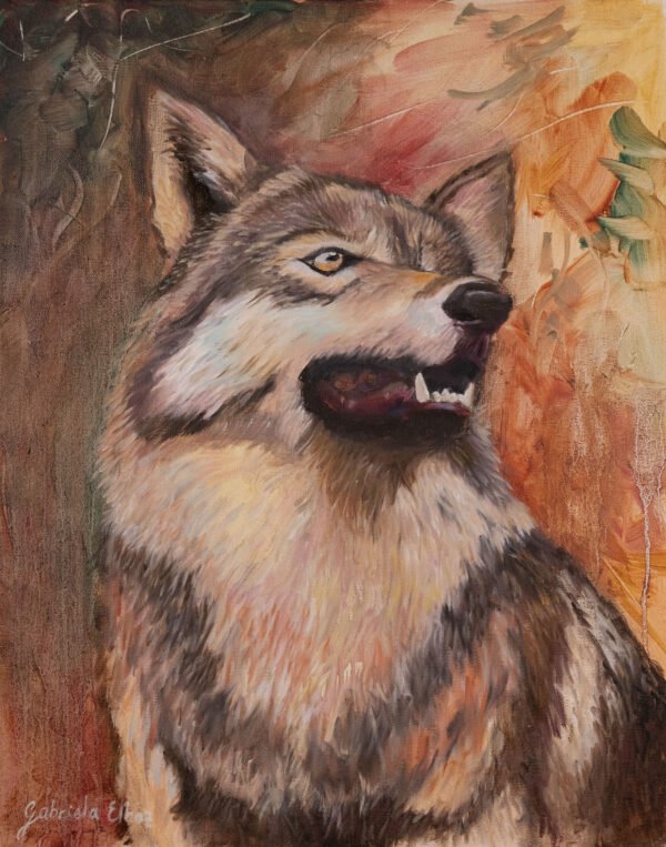 A detailed painting of a wolf with a focused expression and textured fur.