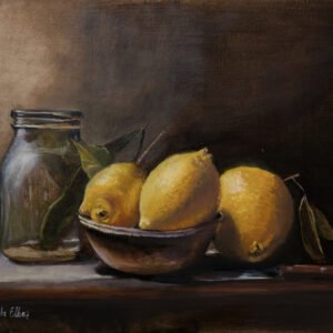 Three lemons in a bowl next to a glass jar on a table.