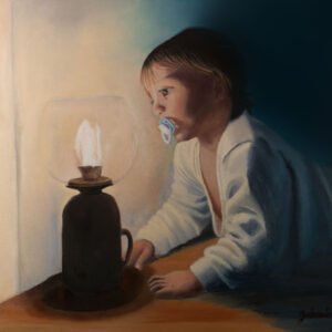 A young child with a pacifier gazing at an oil lamp emitting a flame in a dimly lit setting.