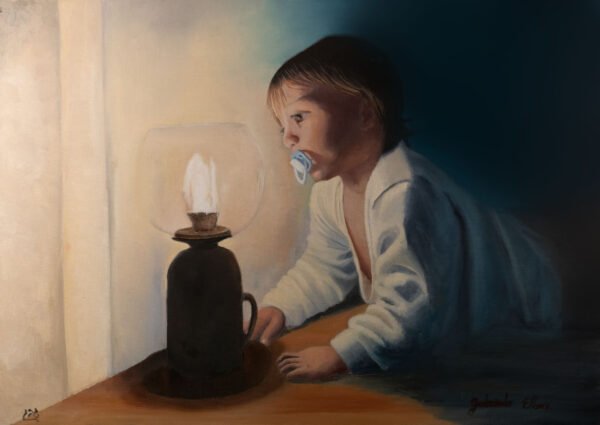 A young child with a pacifier gazing at an oil lamp emitting a flame in a dimly lit setting.
