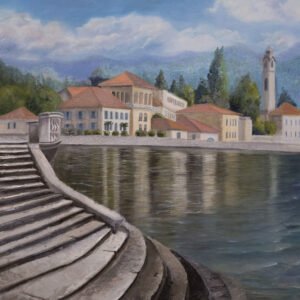 A painting depicting a waterfront scene with buildings and steps leading to the water.