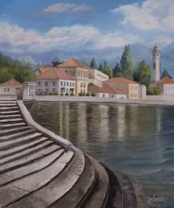 A painting depicting a waterfront scene with buildings and steps leading to the water.