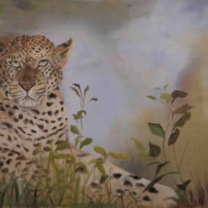 A detailed painting of a leopard resting among foliage with a soft background.
