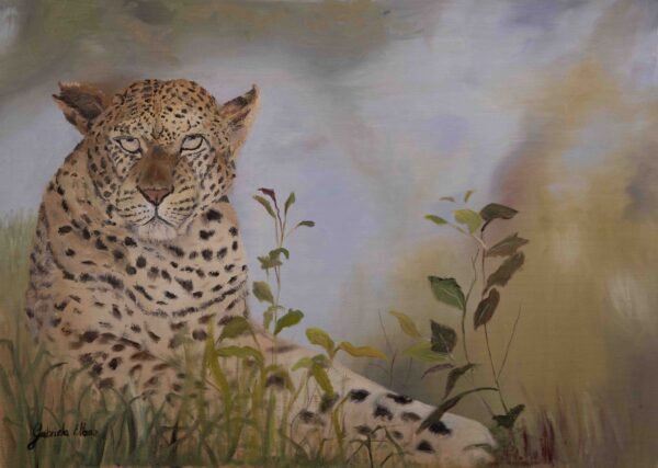 A detailed painting of a leopard resting among foliage with a soft background.