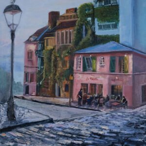 Artistic depiction of a street scene featuring a pink building and a lamppost.