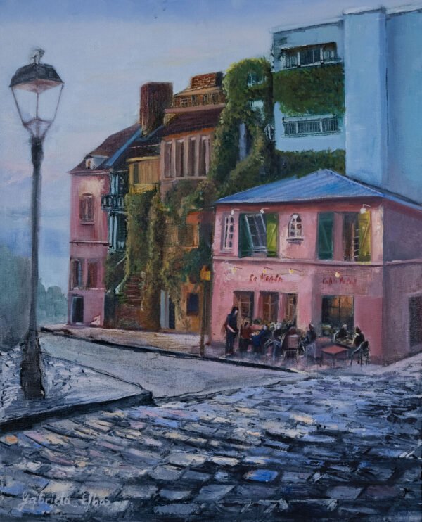Artistic depiction of a street scene featuring a pink building and a lamppost.