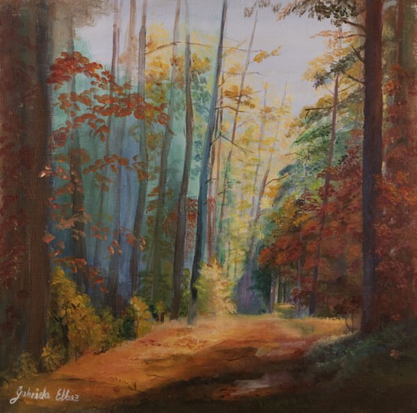 A painted forest scene with tall trees and colorful foliage in autumn hues.