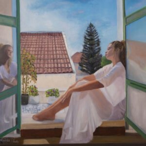 A woman in a white dress sitting on a windowsill with open green shutters, looking outside.