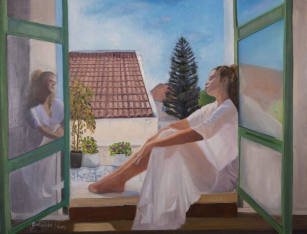 A woman in a white dress sitting on a windowsill with open green shutters, looking outside.