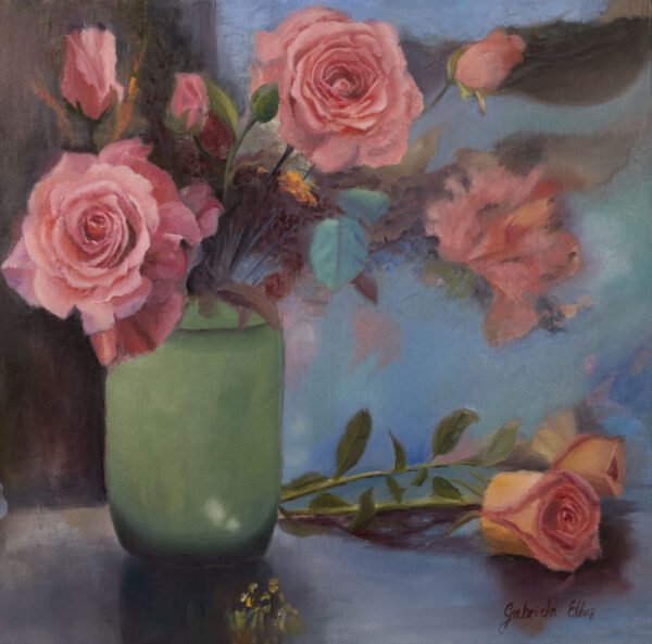 A bouquet of pink roses arranged in a green vase with leaves and additional flowers.