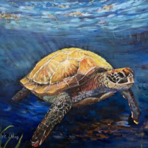 A painted depiction of a sea turtle swimming underwater with blue water and aquatic plants.