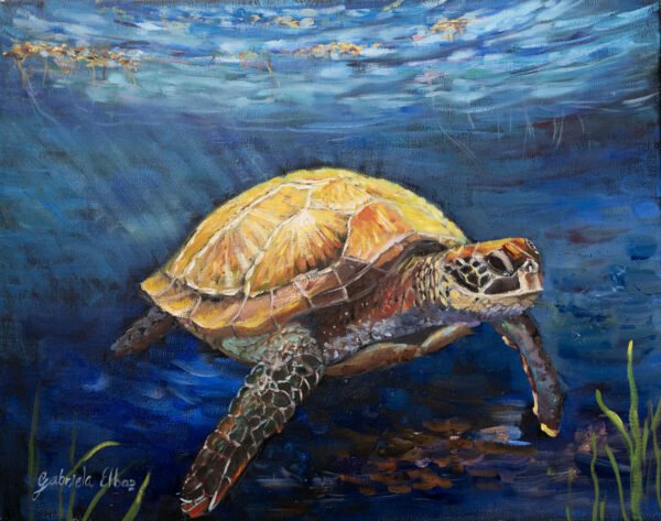 A painted depiction of a sea turtle swimming underwater with blue water and aquatic plants.
