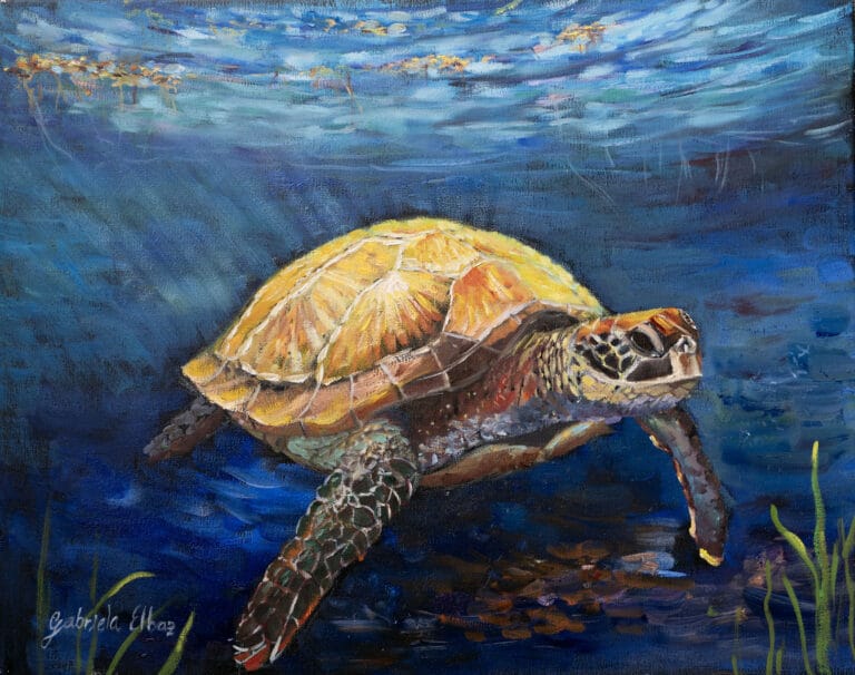 A painted depiction of a sea turtle swimming underwater with blue water and aquatic plants.