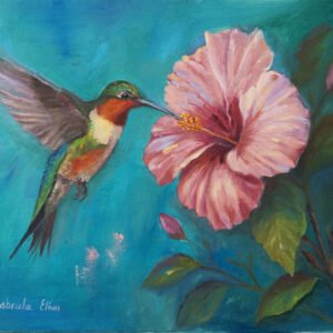 A colorful painting of a hummingbird hovering near a pink hibiscus flower against a blue background.