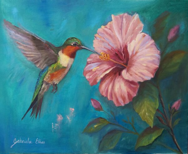 A colorful painting of a hummingbird hovering near a pink hibiscus flower against a blue background.