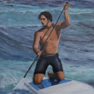 A shirtless man kneeling on a paddleboard while paddling through water waves.