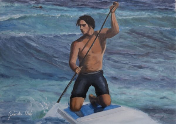A shirtless man kneeling on a paddleboard while paddling through water waves.