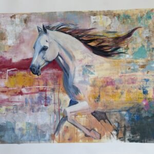 A white horse depicted in an abstract painting with vibrant colors and brush strokes.