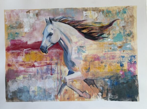 A white horse depicted in an abstract painting with vibrant colors and brush strokes.