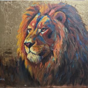 A vibrant portrait of a lion with a golden background, showcasing detailed fur and expressive eyes.